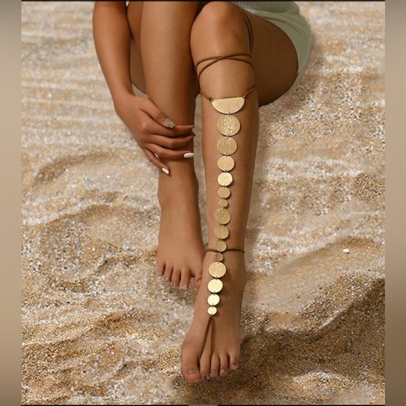 ✨NEW Boho Gold Coin Leg Chain Anklet Brown cord tie - Picture 1 of 2